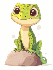This illustration depicts a cute, smiling green cartoon lizard sitting on a rock.