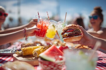Fourth of July: Festive Picnic Table Overflowing with Classic Americana - Juicy Burgers, Corn on the Cob & Towering Red-White-Blue Cake
