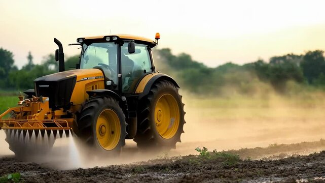 A powerful yellow tractor sprays crops in a field, dust and spray rising around it.