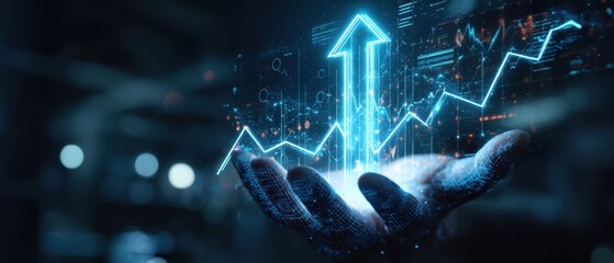 The hand presenting digital growth with futuristic analytics and data visualization.