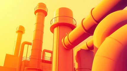 A Vibrant Industrial Landscape Featuring Tall Stack Structures and Piping Against a Bright Orange Background, Symbolizing Modern Production and Energy Generation