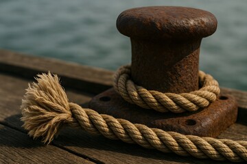 Old Rusted Bollard with Coiled Marine Rope on Weathered Wooden Dock by the Seaside Harbor