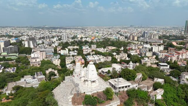 Hyderabad, India: Aerial view of Birla Mandir, iconic Hindu temple in capital and largest city of Indian state of Telangana - landscape panorama of South Asia from above

