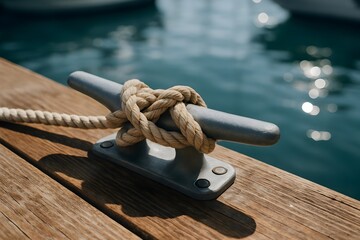 Rope Tightly Tied to Dock Cleat on Wooden Pier Overlooking Calm Marina Water with Reflections