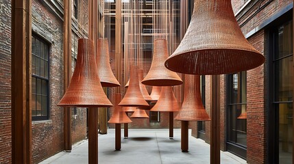 Woven festival symbols suspended along a narrow street, hanging between wooden posts and gently swaying in the breeze