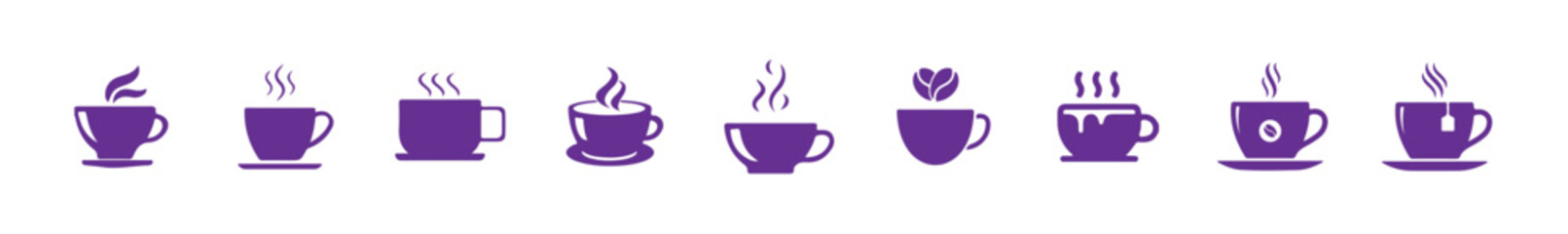 Cofee icon set. Silhouette tea cup symbol, espresso sign in vector flat.