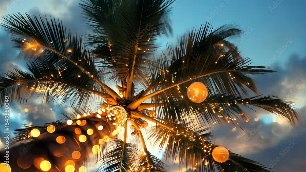 Aufkleber glowing string a lights create a magical ambiance on a palm tree, adding a touch of festive christma