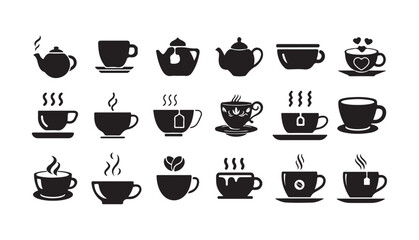 Cofee icon set. Silhouette tea cup symbol, espresso sign in vector flat.