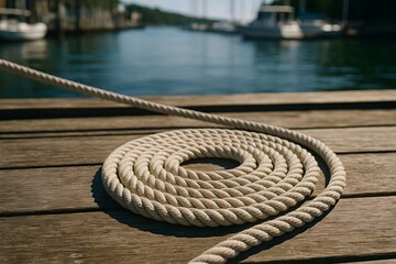 Closeup of Thick Ship Mooring Rope Around Rusty Pier Bollard on Wooden Dock Beside Blue Sea