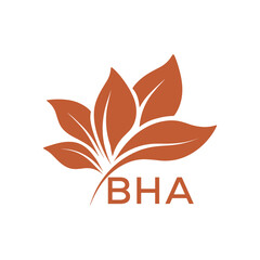 BHA Minimalist Leaf Logo Design with Text BHA, Botanical Nature Logo with Leaves in Brown, BHA Later Logo, Abstract Floral Logo for Natural Products.
