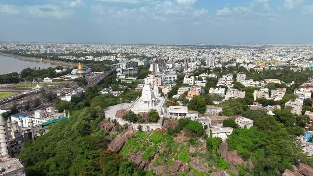 Hyderabad, India: Aerial view of Birla Mandir, iconic Hindu temple in capital and largest city of Indian state of Telangana - landscape panorama of South Asia from above
