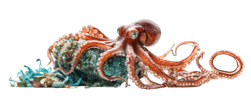 Octopus interacting with rock on Transparent Background, Cut Out, Collection Aquatic Animals