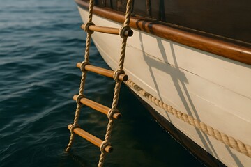 Closeup of Nautical Rope Ladder Hanging on a Classic Wooden Sailboat Over Deep Blue Water Surface