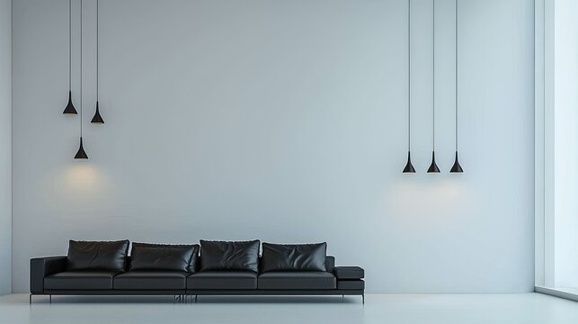 Modern living room interior design with black leather sofa and pendant lights.
