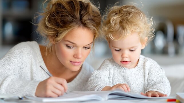Mother working on notebook while toddler playing with book, sitting at kitchen table in casual attire, sharing peaceful family moment at home,,Mother with son