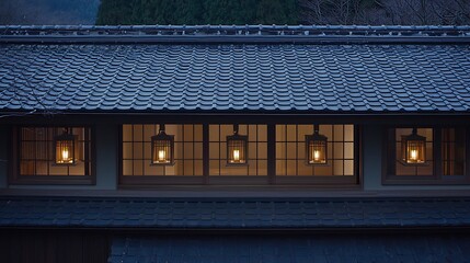 Warmly lit lanterns suspended beneath an old tiled roof showcasing traditional craftsmanship at twilight