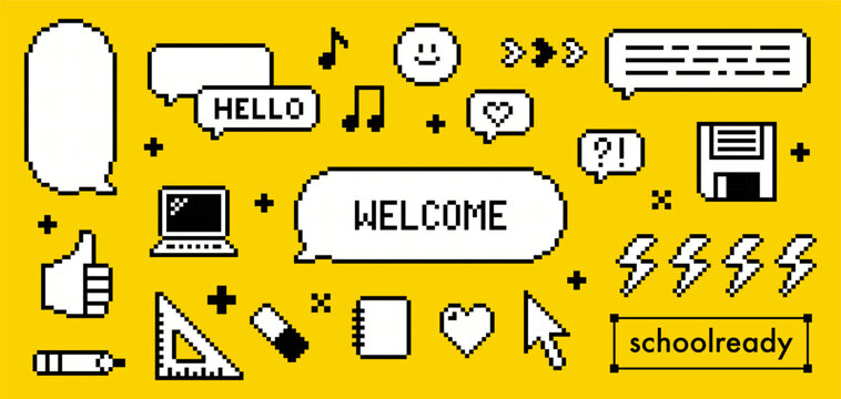 8 bit old school themed vector elements on yellow background for back to school digital design. Pixel art retro dialogue box. Speech bubble with text Welcome, Hello, heart, music notes. Chat balloons