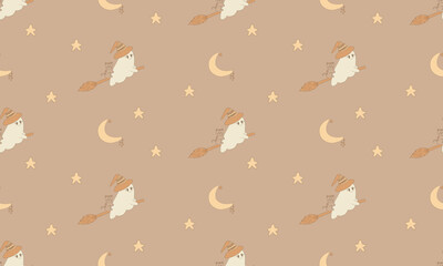 Hand-Drawn Halloween Seamless Pattern with Ghosts, Witch Hats, and Cats in Beige Tones