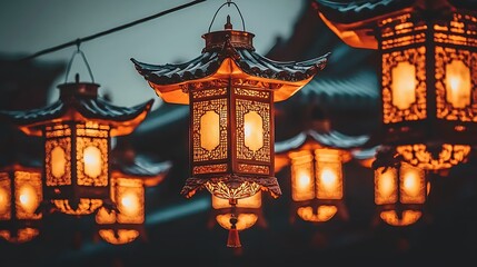 Warmly lit lanterns suspended beneath an old tiled roof showcasing traditional craftsmanship at twilight