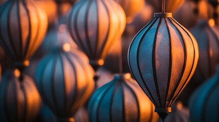Warm glowing lanterns in close-up, hanging in rows with soft twilight light enhancing their shapes and textures