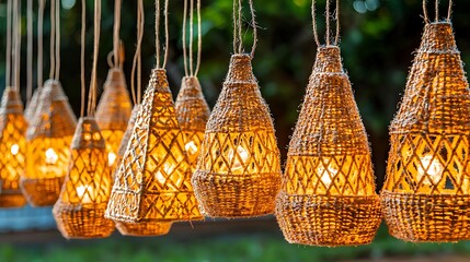 Warm glowing lanterns in close-up, hanging in rows with soft twilight light enhancing their shapes and textures