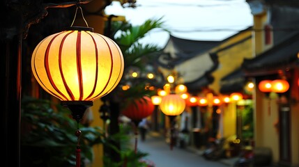 Warm glowing lanterns in close-up, hanging in rows with soft twilight light enhancing their shapes and textures