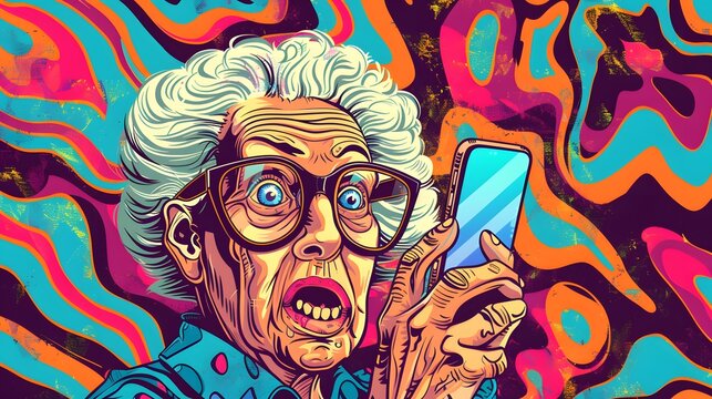 Shocked elderly woman with glasses holds smartphone against psychedelic background