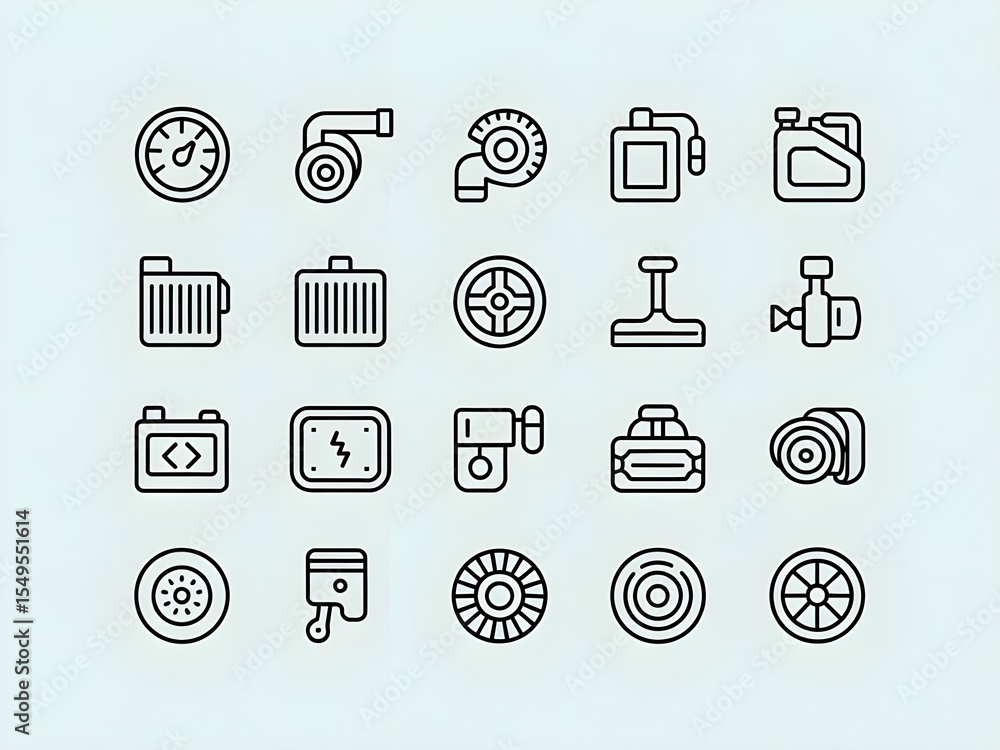 Poster a collection of automotive and mechanical parts icons arranged on a light background in a grid patte