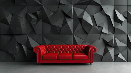Red Chesterfield sofa in front of a modern geometric wall.