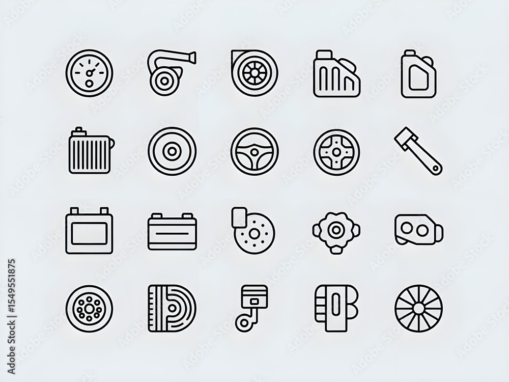 Poster collection of outline car parts icons displayed on a light background in a neat arrangement style
