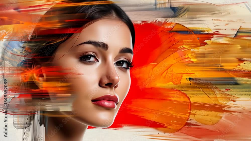 Poster an artistic display features a portrait integrating bold colors and brush strokes, capturing depth a