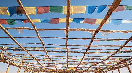 Vibrant festival flags suspended overhead between wooden structures, creating a lively and festive atmosphere in a historic neighborhood