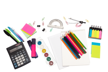School and office supplies, pens, pencils, ruler, compass, calculator on a white background.