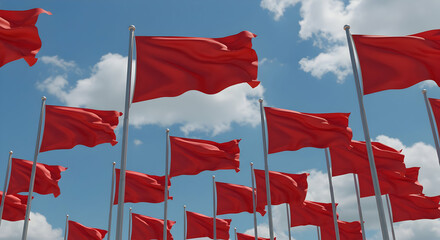 Many red flags waving in the wind under a blue sky a powerful image of warning and alert