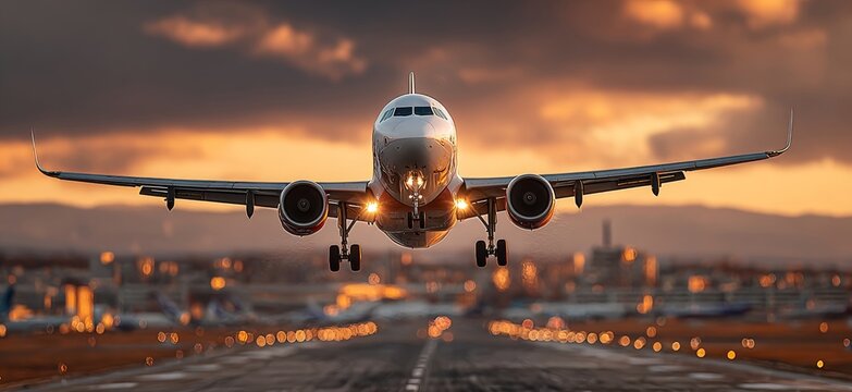 Airbus A320 Airplane Landing at Sunset: Dramatic Low-Angle View of Aircraft Approaching Runway in Urban Setting