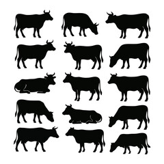 Silhouettes of cows in various poses and stances isolated on a white background.