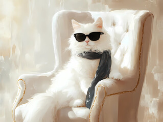 Cool White Cat with Sunglasses Relaxing in an Elegant Chair – AI Generated Illustration