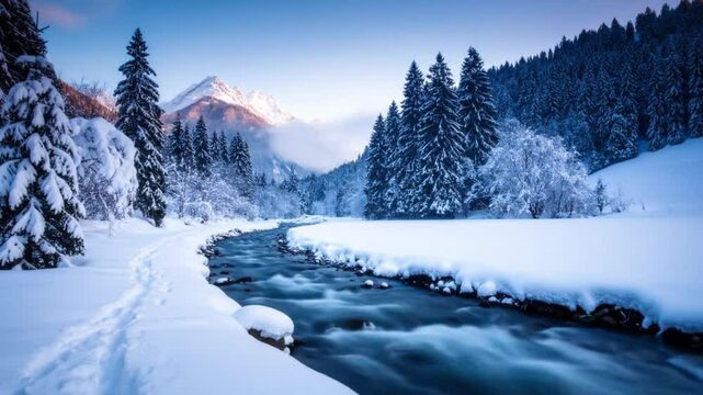 Serene Winter Wonderland: Snow-Covered Landscape with Flowing River in the Mountains