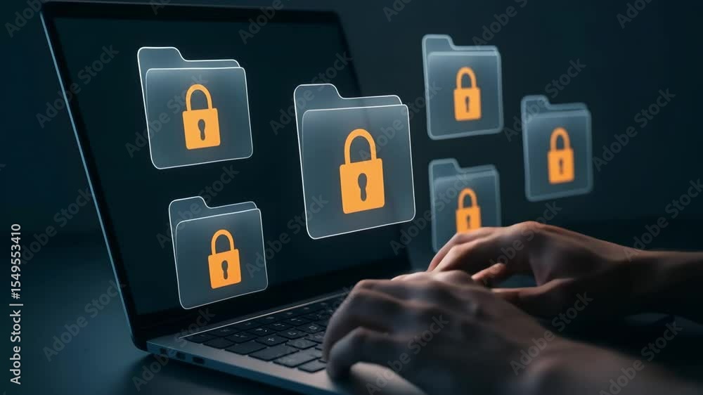 Poster secured data encryption on laptop screen with cyber security protection.