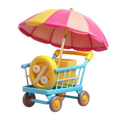 3D summer sale shopping cart with umbrella isolated on transparent background