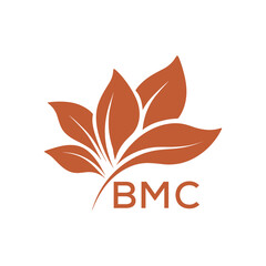 BMC Minimalist Leaf Logo Design with Text BMC, Botanical Nature Logo with Leaves in Brown, BMC Later Logo, Abstract Floral Logo for Natural Products.
