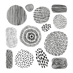 Design elements, textured shapes from lines, dots, spirals and spots isolated on white background. Oval and round doodle elements for decoration.