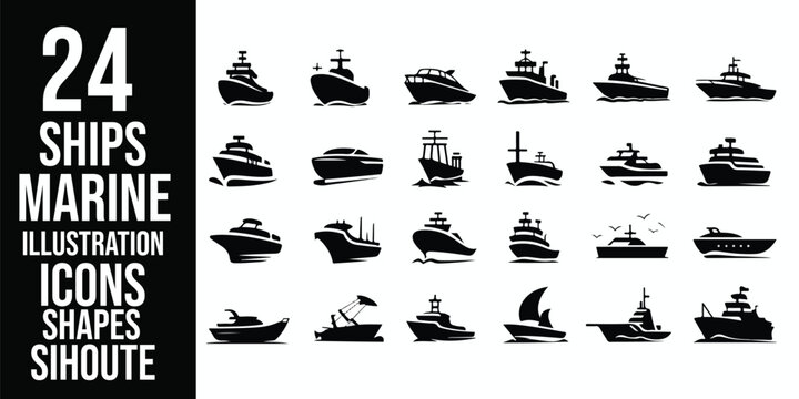 Collection of twenty four ship icons in black silhouette on a white background illustration vector
