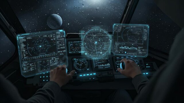 Futuristic spaceship cockpit with glowing controls and displays in a dark space environment