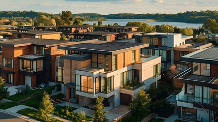 Aerial view showcasing modern architectural houses in a serene neighborhood