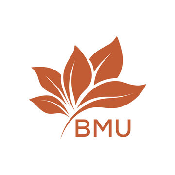 BMU Minimalist Leaf Logo Design with Text BMU, Botanical Nature Logo with Leaves in Brown, BMU Later Logo, Abstract Floral Logo for Natural Products.
