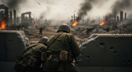 Soldier Pair Observing Fiery Battle Scene From Behind Concrete Barrier