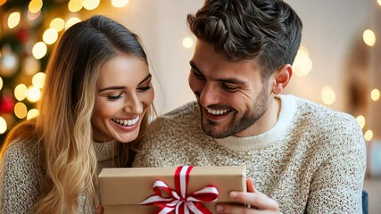 Joyful couple unwrapping christmas gift in cozy holiday setting with warm bokeh lights