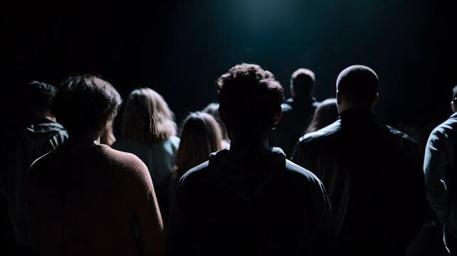 Silhouetted crowd under spotlight, backs turned, creating a sense of mystery and anticipation.