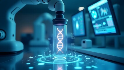 A futuristic microskope analyzes a glowing DNA strand in a biotech lab. Sharp digital overlays show genetic data, symbolizing futuristic precision medicine.